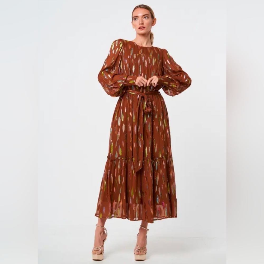 NWOT Ciebon Eryn Metallic Print Tie Waist Long Sleeve Maxi Dress Small